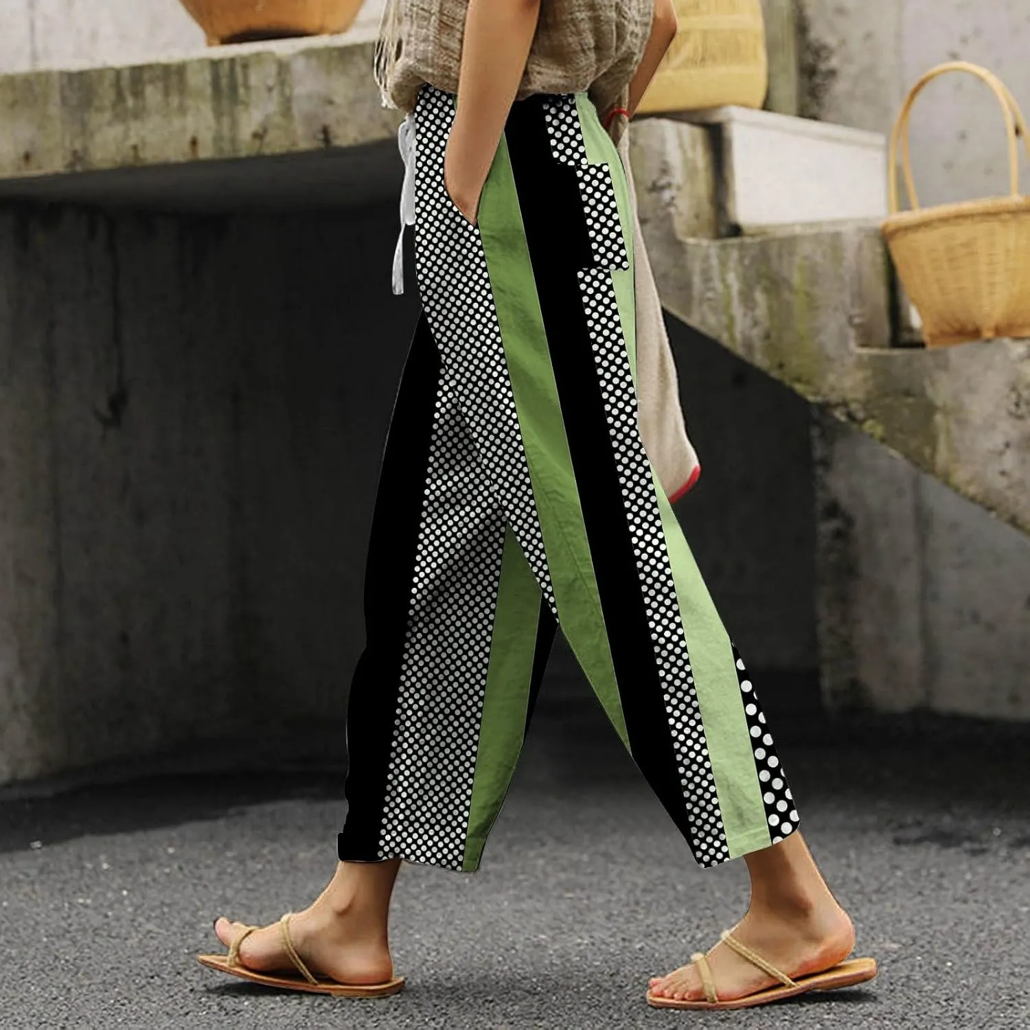 Linen Pants for Women 2025 Summer High Waist Elastic Straight Leg Lounge Pant Color Block Lightweight Beach Trousers
