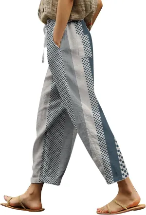 Linen Pants for Women 2025 Summer High Waist Elastic Straight Leg Lounge Pant Color Block Lightweight Beach Trousers