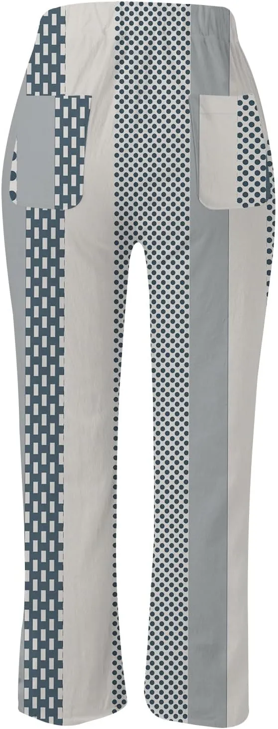 Linen Pants for Women 2025 Summer High Waist Elastic Straight Leg Lounge Pant Color Block Lightweight Beach Trousers