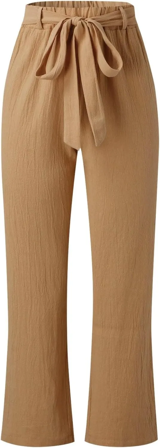 Linen Pants for Women Summer Elastic Waist Belt Palazzo Pants Loose Fit Casual Beach Long Trousers with Pockets