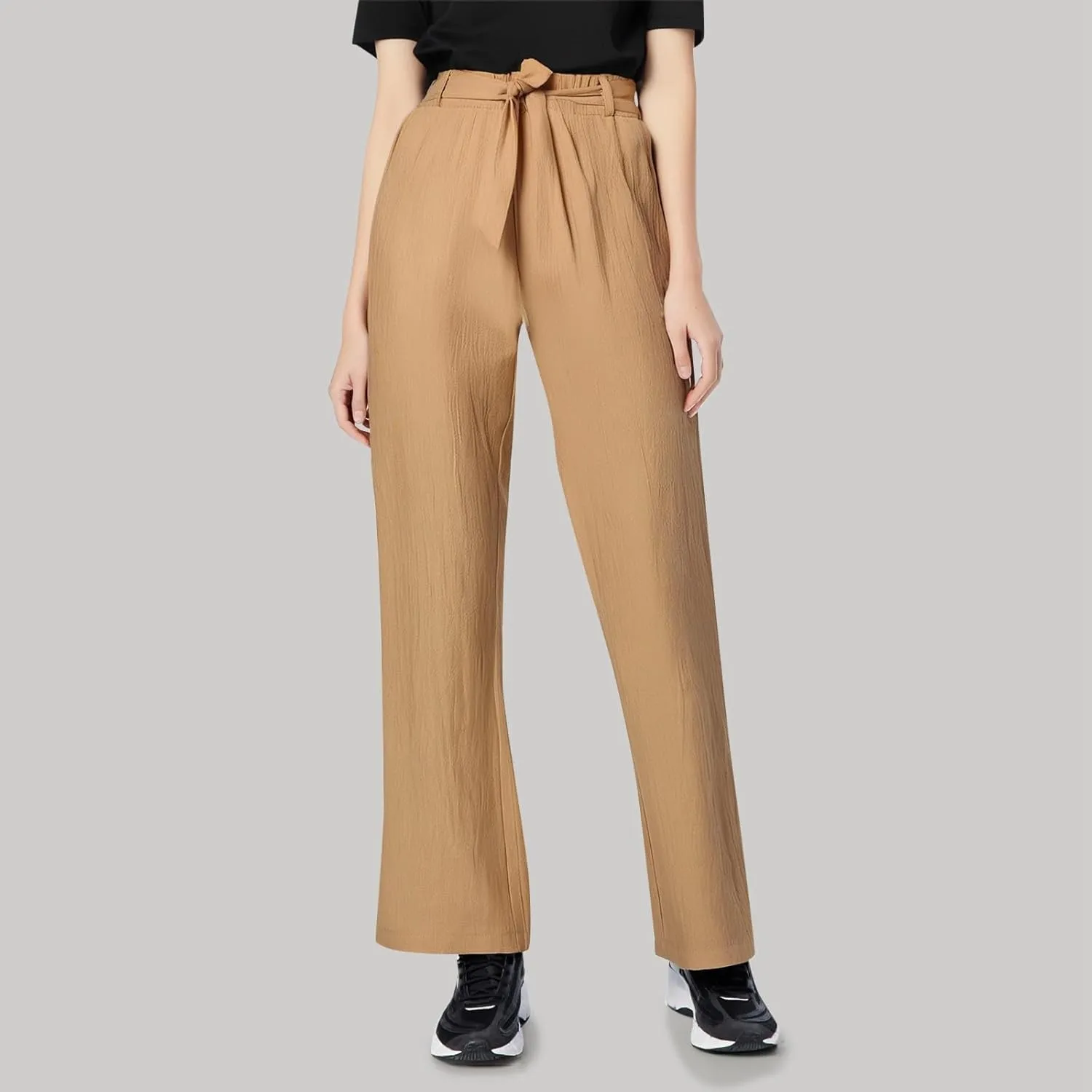 Linen Pants for Women Summer Elastic Waist Belt Palazzo Pants Loose Fit Casual Beach Long Trousers with Pockets