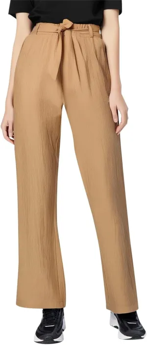 Linen Pants for Women Summer Elastic Waist Belt Palazzo Pants Loose Fit Casual Beach Long Trousers with Pockets