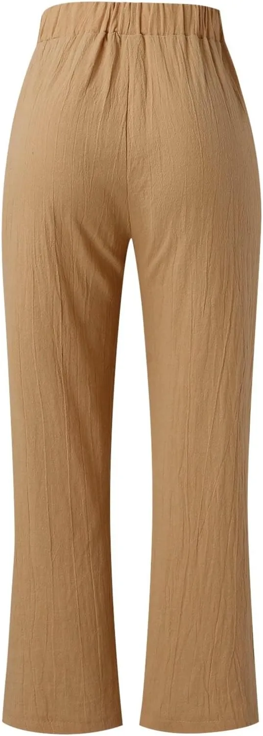 Linen Pants for Women Summer Elastic Waist Belt Palazzo Pants Loose Fit Casual Beach Long Trousers with Pockets