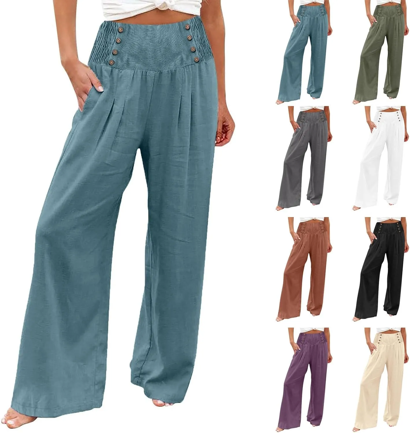 Linen Pants Women Comfy Flowy Wide Leg Pants Summer Baggy High Waisted Double Breasted Palazzo Beach Trousers with Pockets