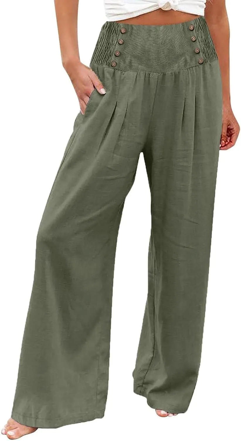 Linen Pants Women Comfy Flowy Wide Leg Pants Summer Baggy High Waisted Double Breasted Palazzo Beach Trousers with Pockets