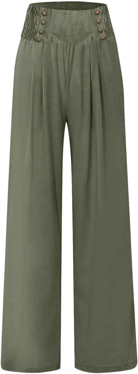 Linen Pants Women Comfy Flowy Wide Leg Pants Summer Baggy High Waisted Double Breasted Palazzo Beach Trousers with Pockets