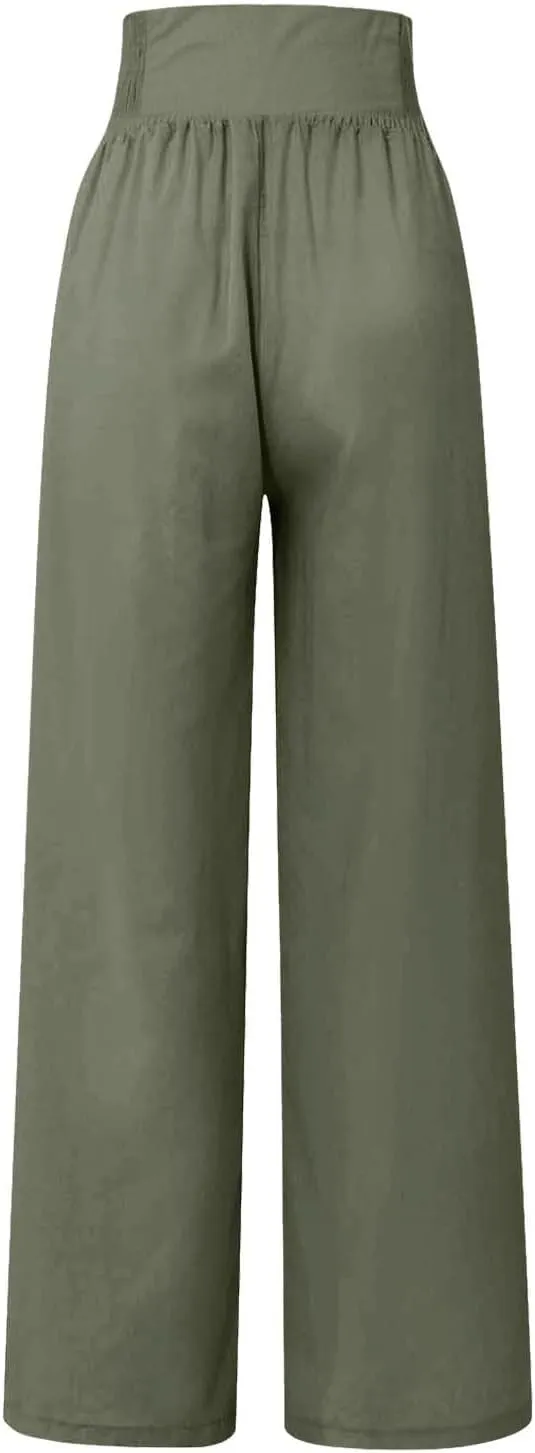 Linen Pants Women Comfy Flowy Wide Leg Pants Summer Baggy High Waisted Double Breasted Palazzo Beach Trousers with Pockets