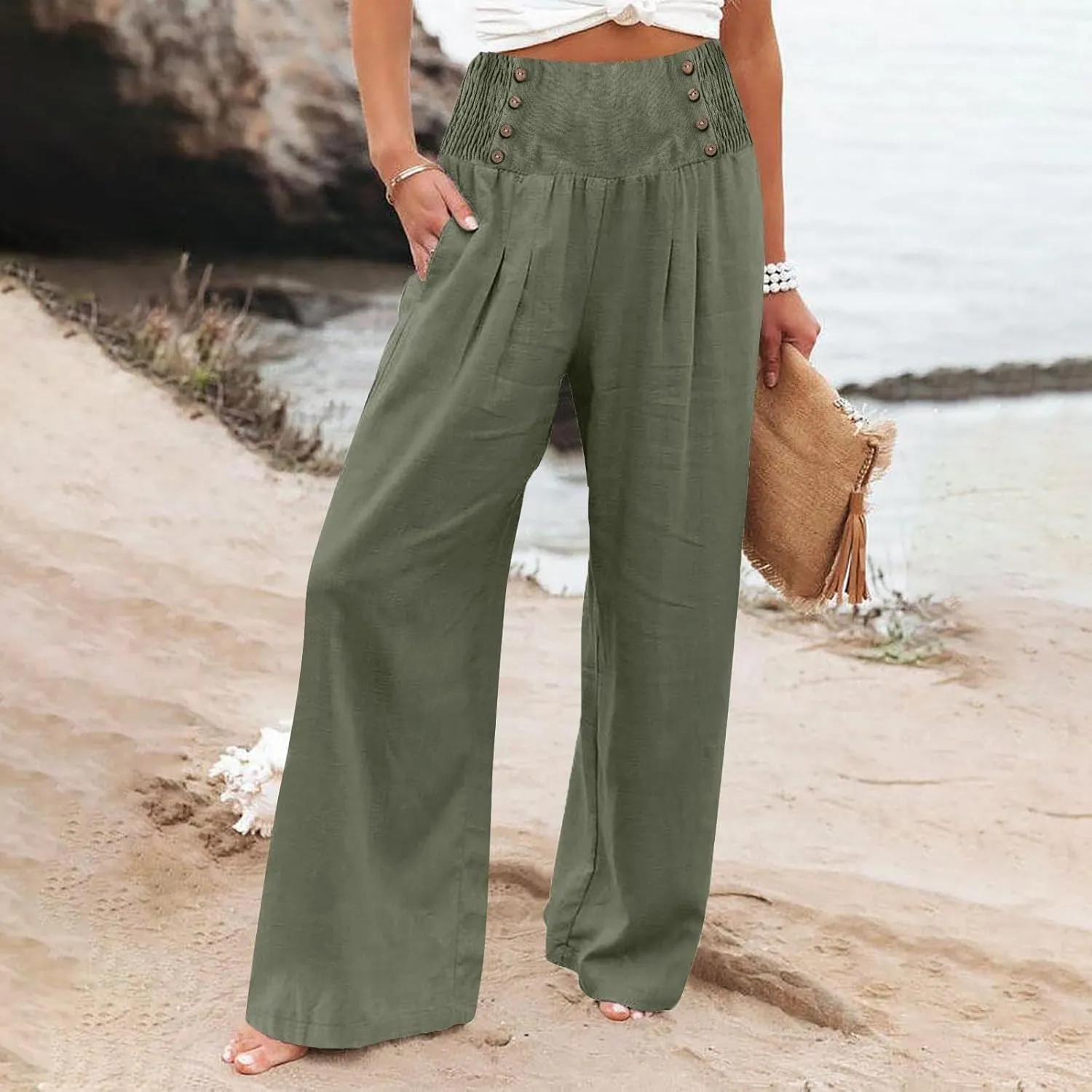 Linen Pants Women Comfy Flowy Wide Leg Pants Summer Baggy High Waisted Double Breasted Palazzo Beach Trousers with Pockets
