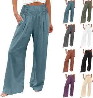 Linen Pants Women Comfy Flowy Wide Leg Pants Summer Baggy High Waisted Double Breasted Palazzo Beach Trousers with Pockets