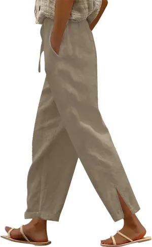 Linen Pants Women High Waist Drawstring Pants Summer Casual Split Pants Trendy Fashion Trousers Beach Vacation Clothes