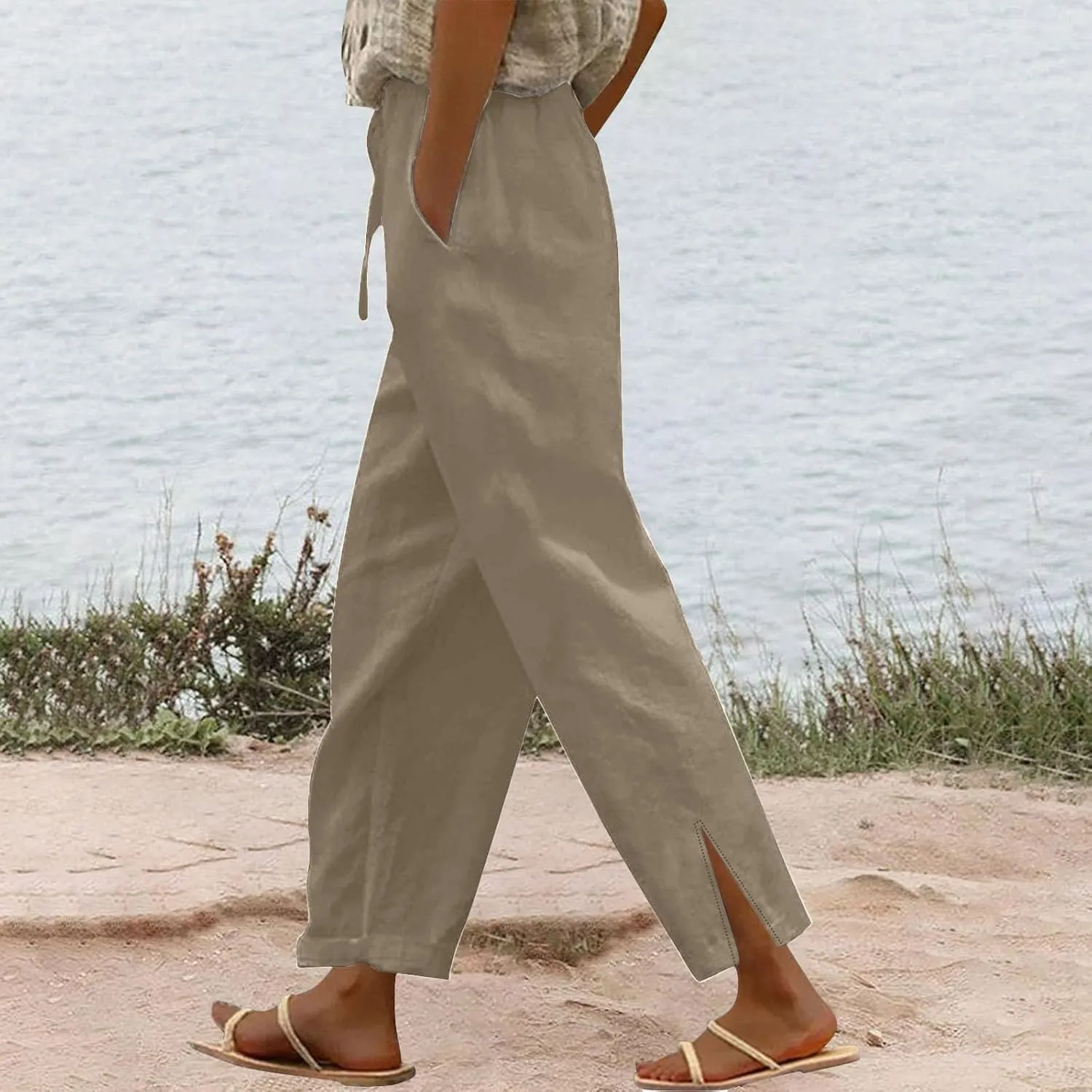Linen Pants Women High Waist Drawstring Pants Summer Casual Split Pants Trendy Fashion Trousers Beach Vacation Clothes