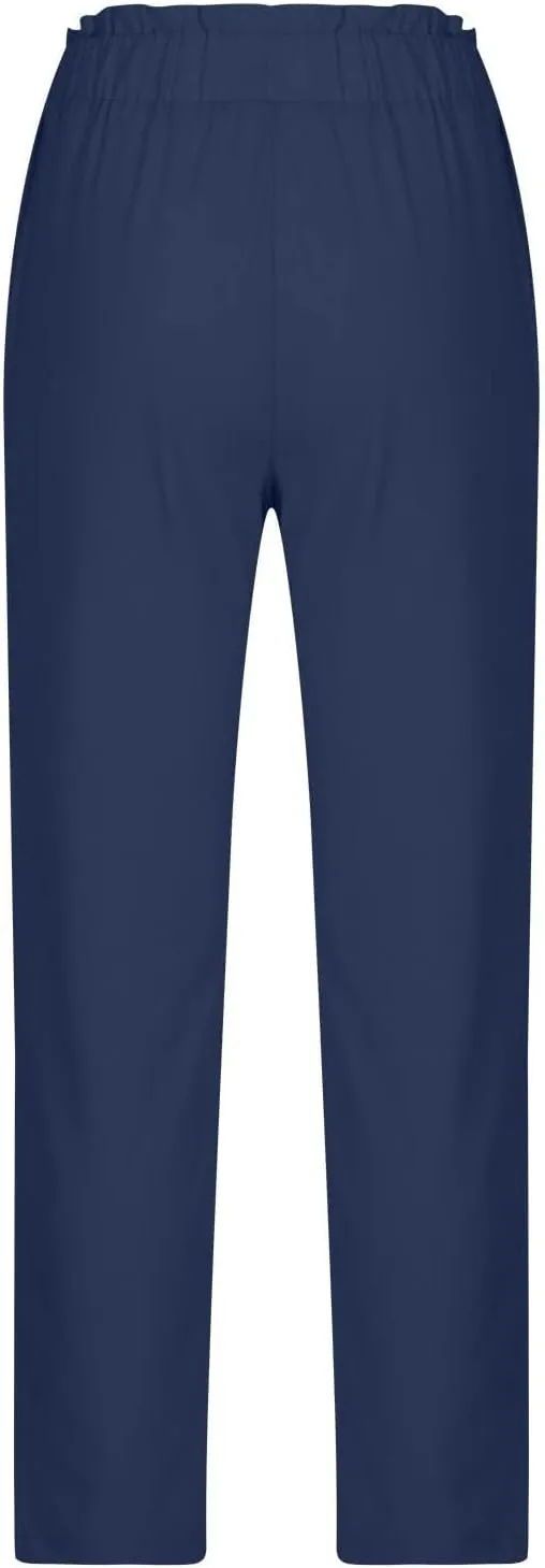 Linen Pants Women Petite Womens Cotton Linen Pants Elastic High Waist Lace Comfy Loose Summer Beach Pants Pockets