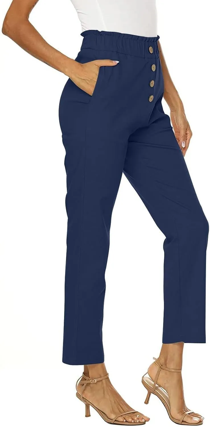 Linen Pants Women Petite Womens Cotton Linen Pants Elastic High Waist Lace Comfy Loose Summer Beach Pants Pockets