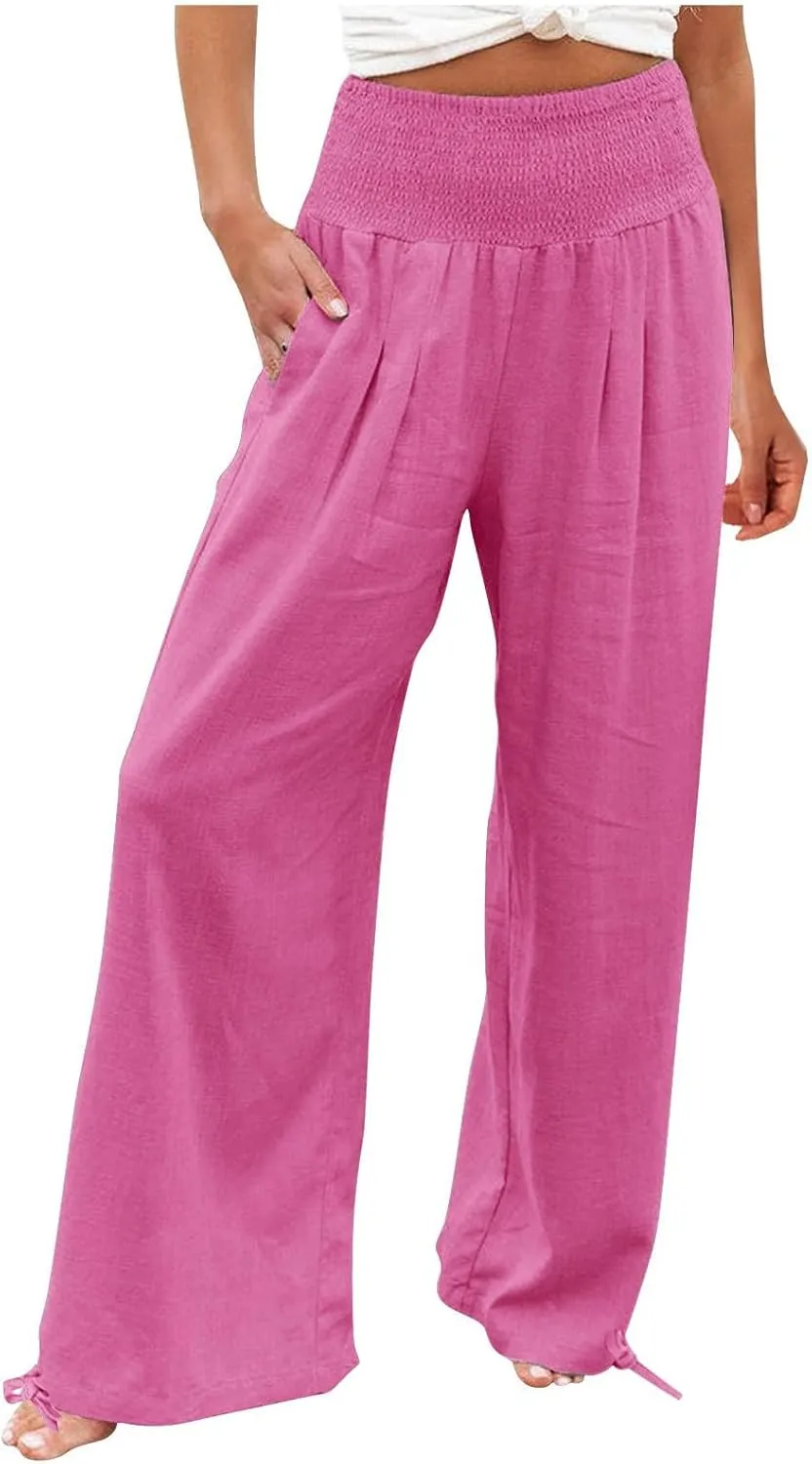 Linen Pants Women Petite Womens Cotton Linen Pants Elastic High Waist Lace Comfy Loose Summer Beach Pants Pockets
