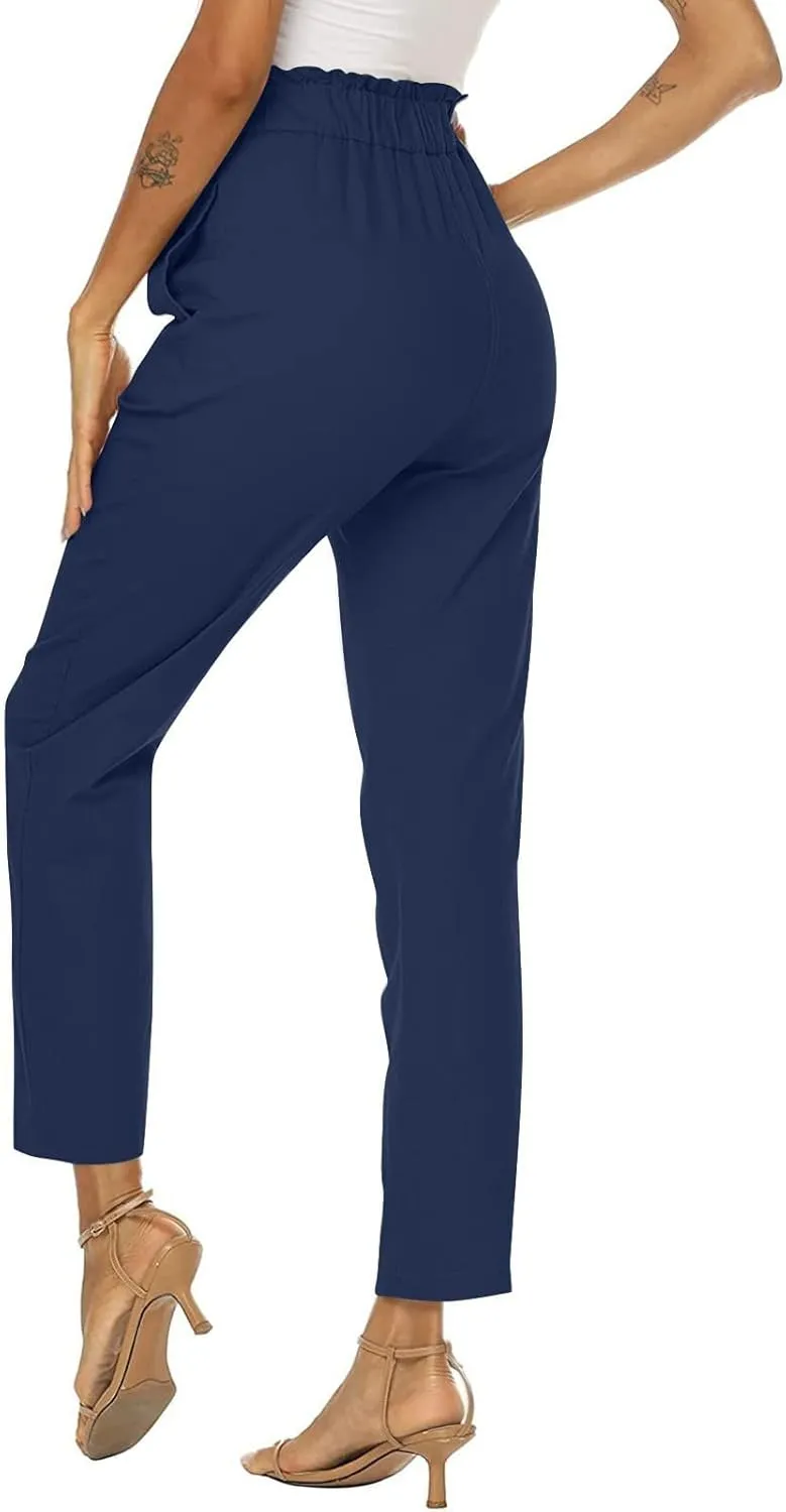 Linen Pants Women Petite Womens Cotton Linen Pants Elastic High Waist Lace Comfy Loose Summer Beach Pants Pockets