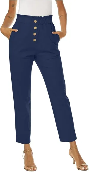 Linen Pants Women Petite Womens Cotton Linen Pants Elastic High Waist Lace Comfy Loose Summer Beach Pants Pockets