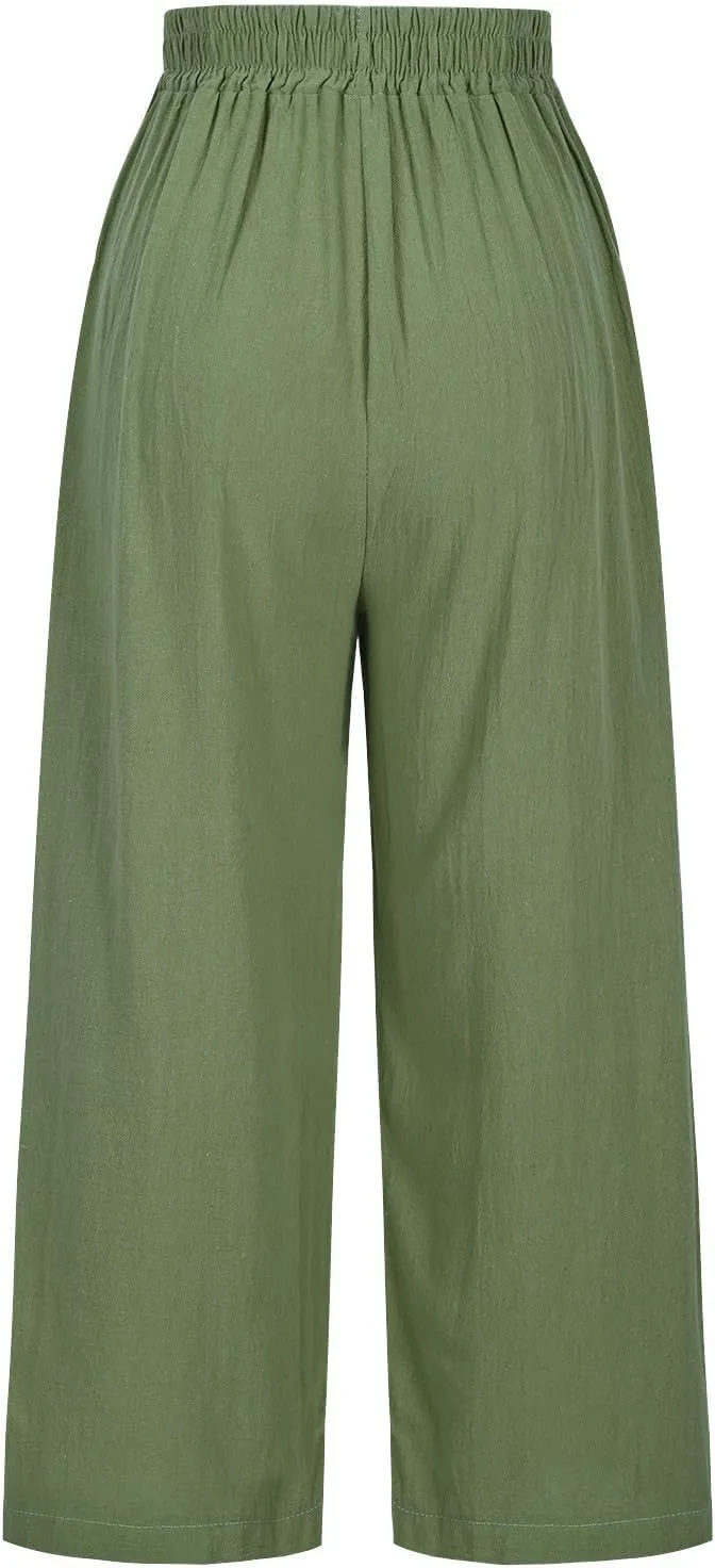 Linen Pants Women Summer Boho Floral Embroidered Pants Wide Leg Palazzo Crop Ankle Pants Comfy Lounge Trousers