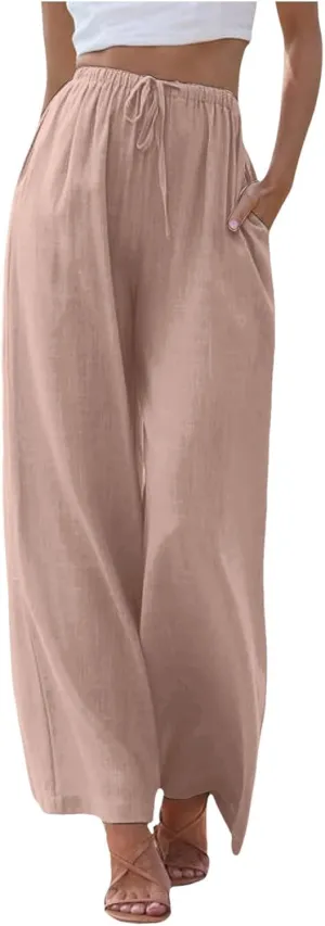 Linen Pants Women Summer,Wide Leg Casual Cotton Linen Palazzo Pants High Waisted Drawstring Lounge Beach Trousers