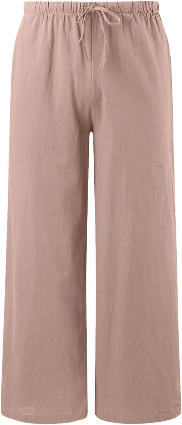 Linen Pants Women Summer,Wide Leg Casual Cotton Linen Palazzo Pants High Waisted Drawstring Lounge Beach Trousers