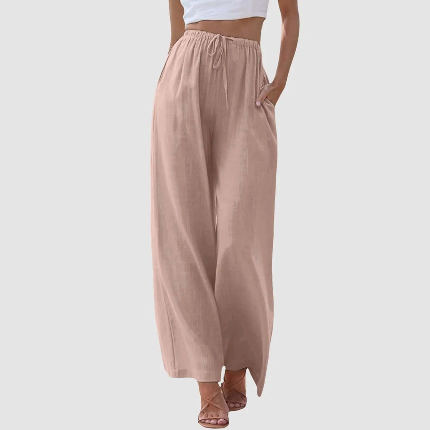 Linen Pants Women Summer,Wide Leg Casual Cotton Linen Palazzo Pants High Waisted Drawstring Lounge Beach Trousers