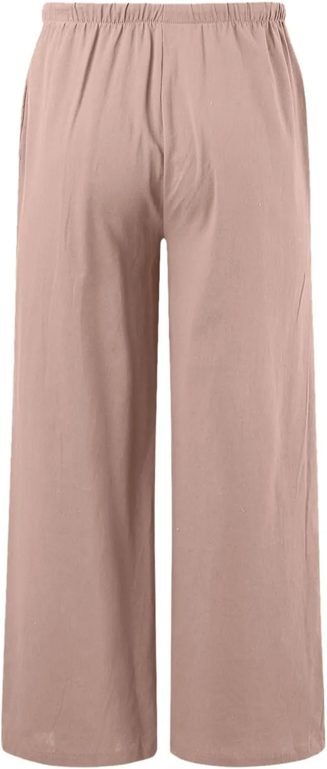 Linen Pants Women Summer,Wide Leg Casual Cotton Linen Palazzo Pants High Waisted Drawstring Lounge Beach Trousers