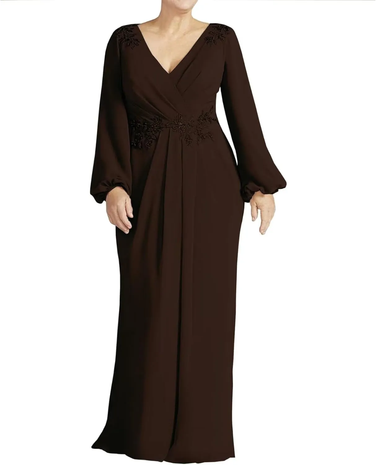 Long Sleeve Wedding Guest Dress V Neck Chiffon Mother of The Bride Dresses Waist with Lace Appliques