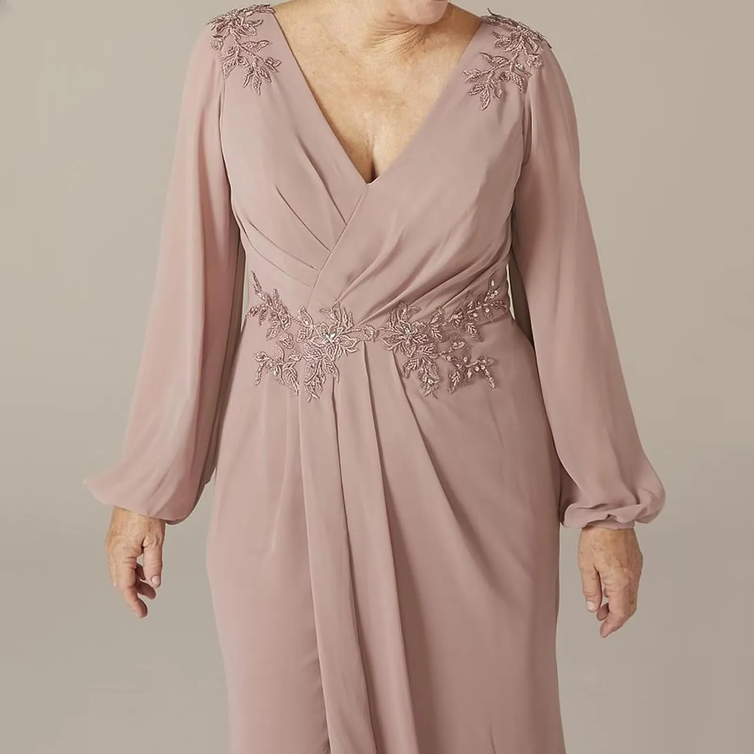 Long Sleeve Wedding Guest Dress V Neck Chiffon Mother of The Bride Dresses Waist with Lace Appliques