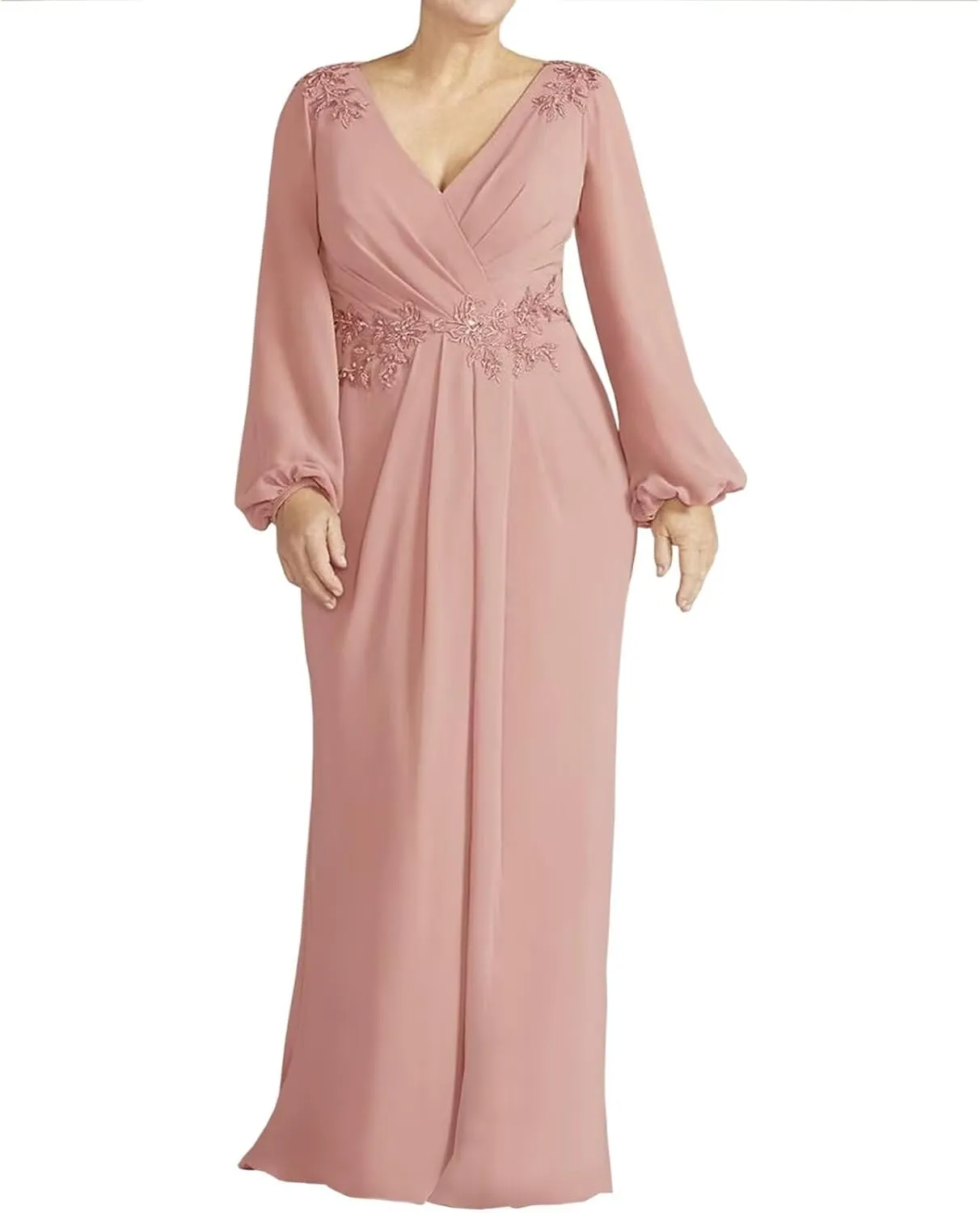 Long Sleeve Wedding Guest Dress V Neck Chiffon Mother of The Bride Dresses Waist with Lace Appliques