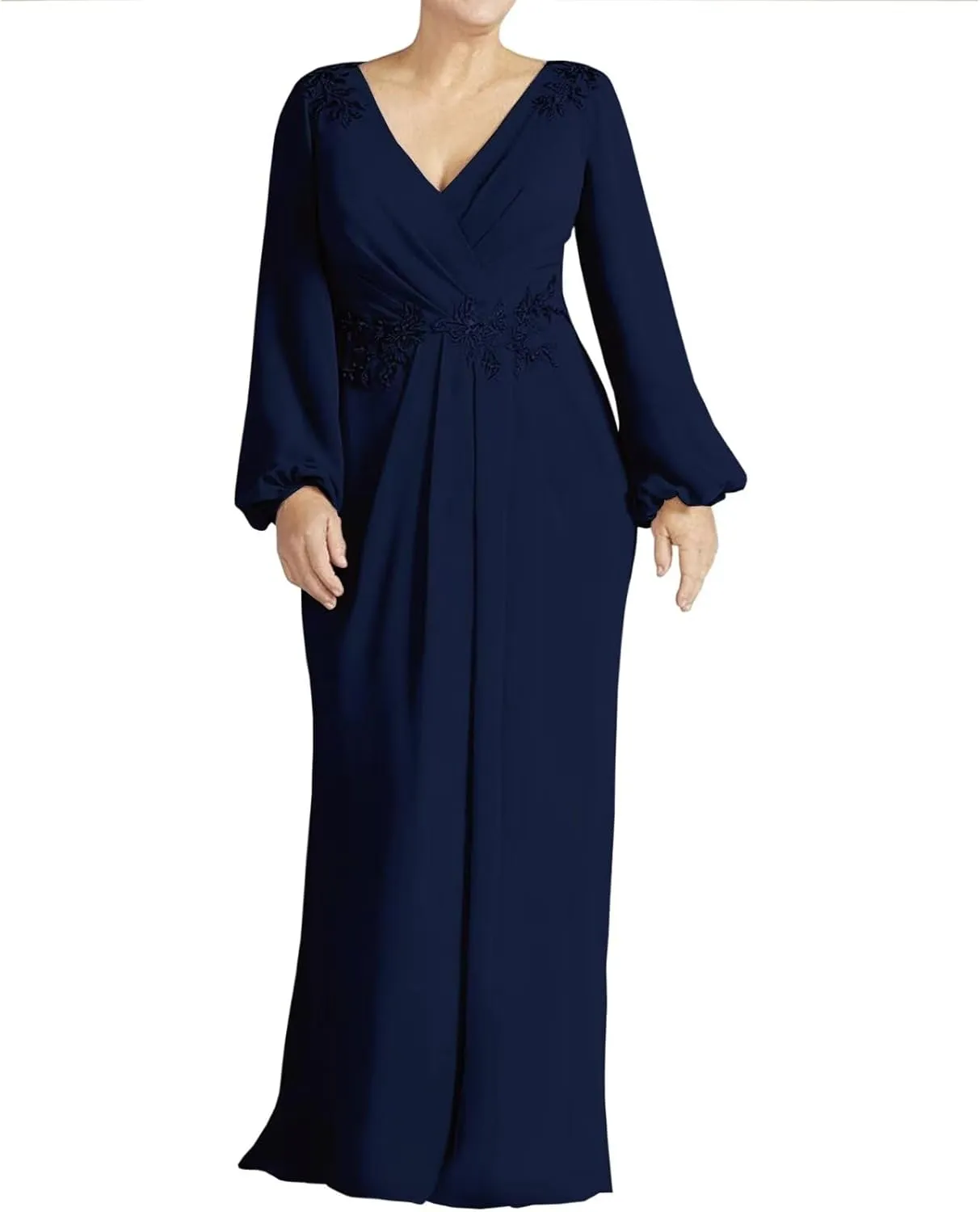 Long Sleeve Wedding Guest Dress V Neck Chiffon Mother of The Bride Dresses Waist with Lace Appliques