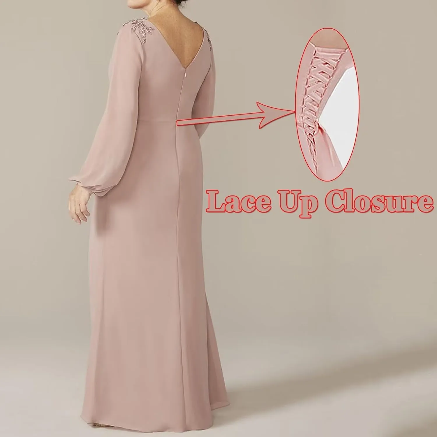 Long Sleeve Wedding Guest Dress V Neck Chiffon Mother of The Bride Dresses Waist with Lace Appliques