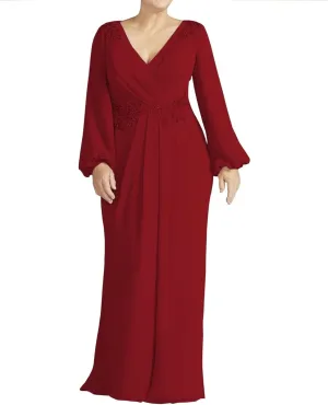 Long Sleeve Wedding Guest Dress V Neck Chiffon Mother of The Bride Dresses Waist with Lace Appliques