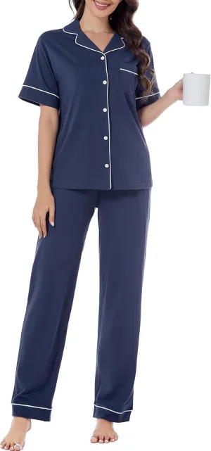 LUBOT 100% Cotton Pajamas for Women 2 Piece PJ Set Button-Down Soft Knit Short Sleeve Summer Sleepwear Loungewear XS-XXL