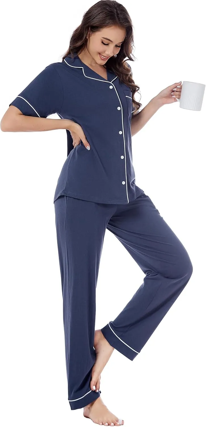 LUBOT 100% Cotton Pajamas for Women 2 Piece PJ Set Button-Down Soft Knit Short Sleeve Summer Sleepwear Loungewear XS-XXL