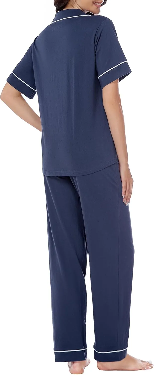 LUBOT 100% Cotton Pajamas for Women 2 Piece PJ Set Button-Down Soft Knit Short Sleeve Summer Sleepwear Loungewear XS-XXL