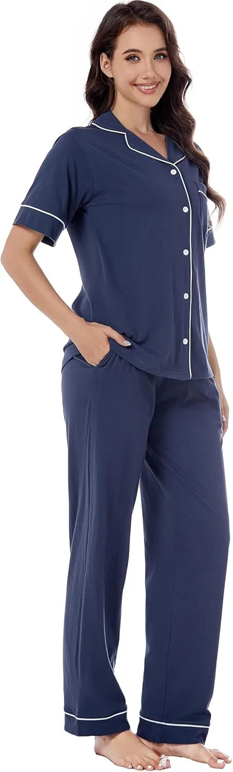LUBOT 100% Cotton Pajamas for Women 2 Piece PJ Set Button-Down Soft Knit Short Sleeve Summer Sleepwear Loungewear XS-XXL