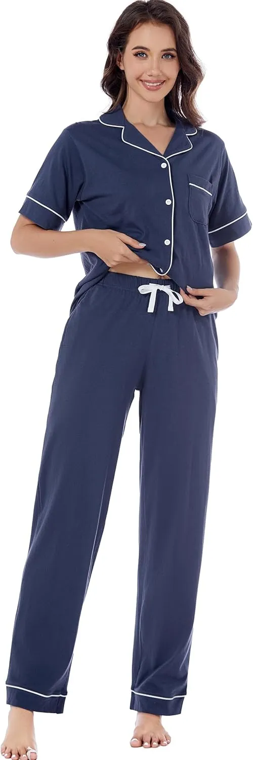 LUBOT 100% Cotton Pajamas for Women 2 Piece PJ Set Button-Down Soft Knit Short Sleeve Summer Sleepwear Loungewear XS-XXL