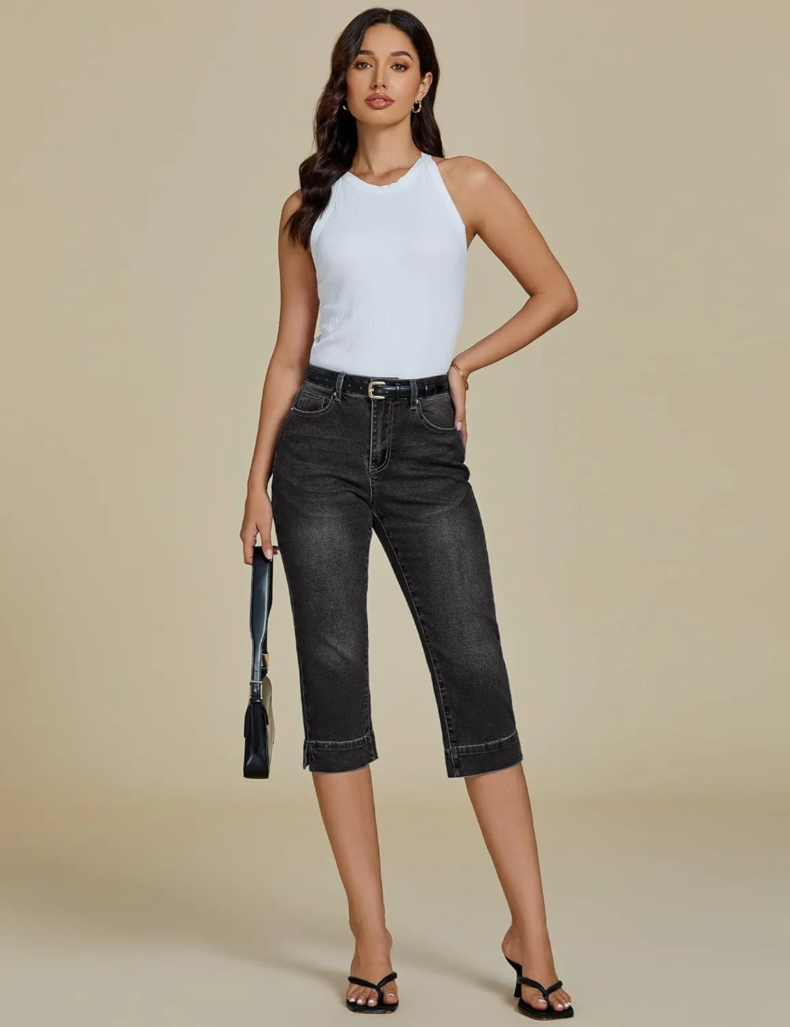luvamia Capri Jeans for Women Trendy High Waisted Slim Split Hem Stretch Denim Jean Capris Cropped Pants Casual Summer