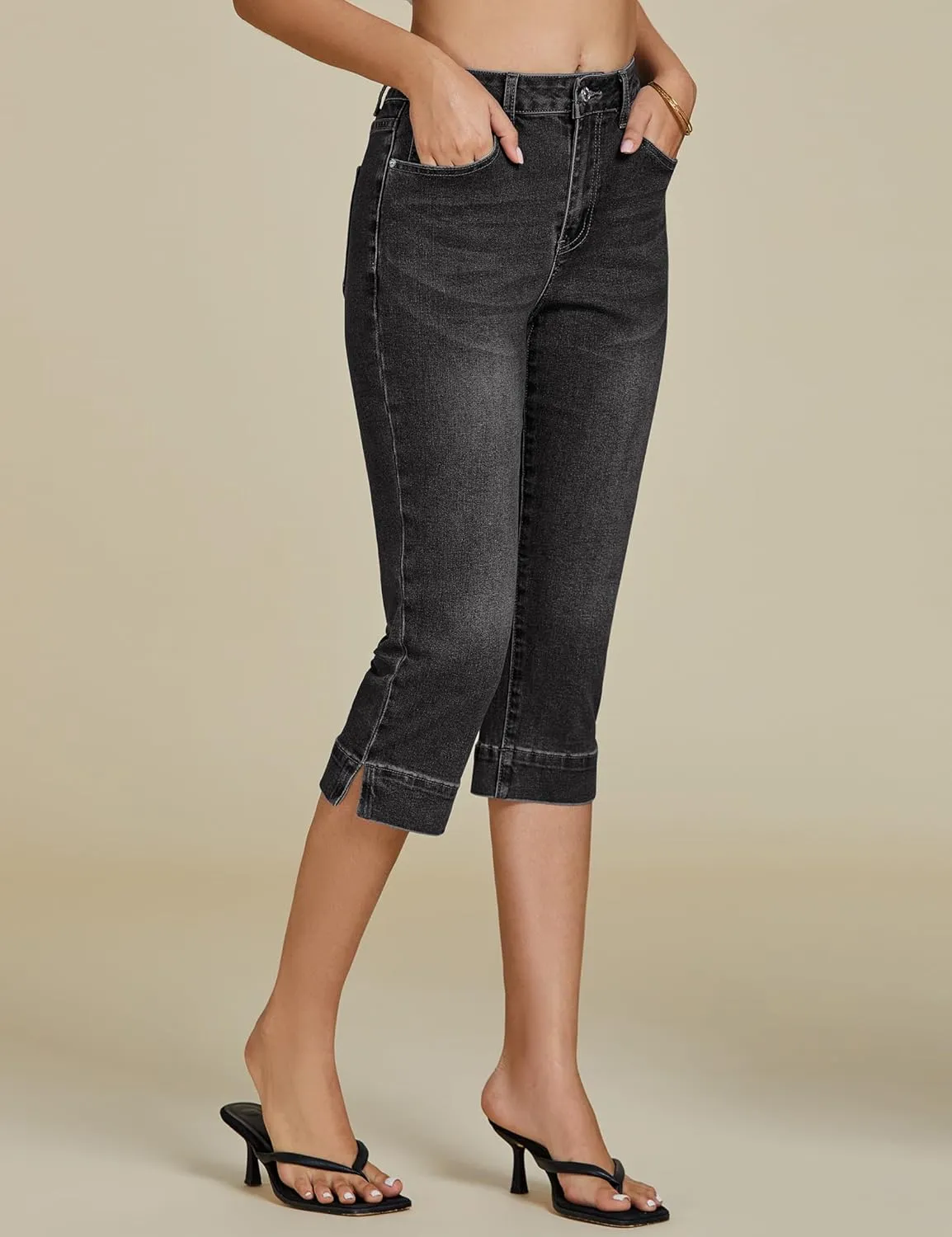 luvamia Capri Jeans for Women Trendy High Waisted Slim Split Hem Stretch Denim Jean Capris Cropped Pants Casual Summer