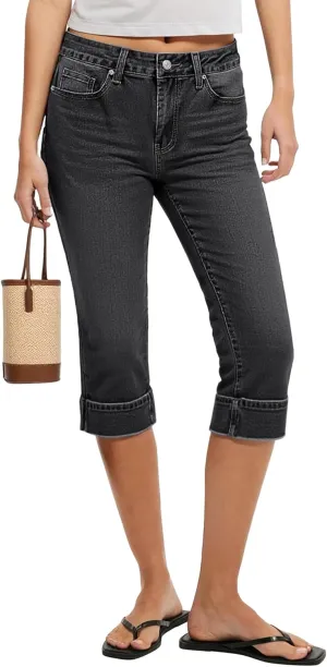 luvamia Capri Jeans for Women Trendy High Waisted Slim Split Hem Stretch Denim Jean Capris Cropped Pants Casual Summer