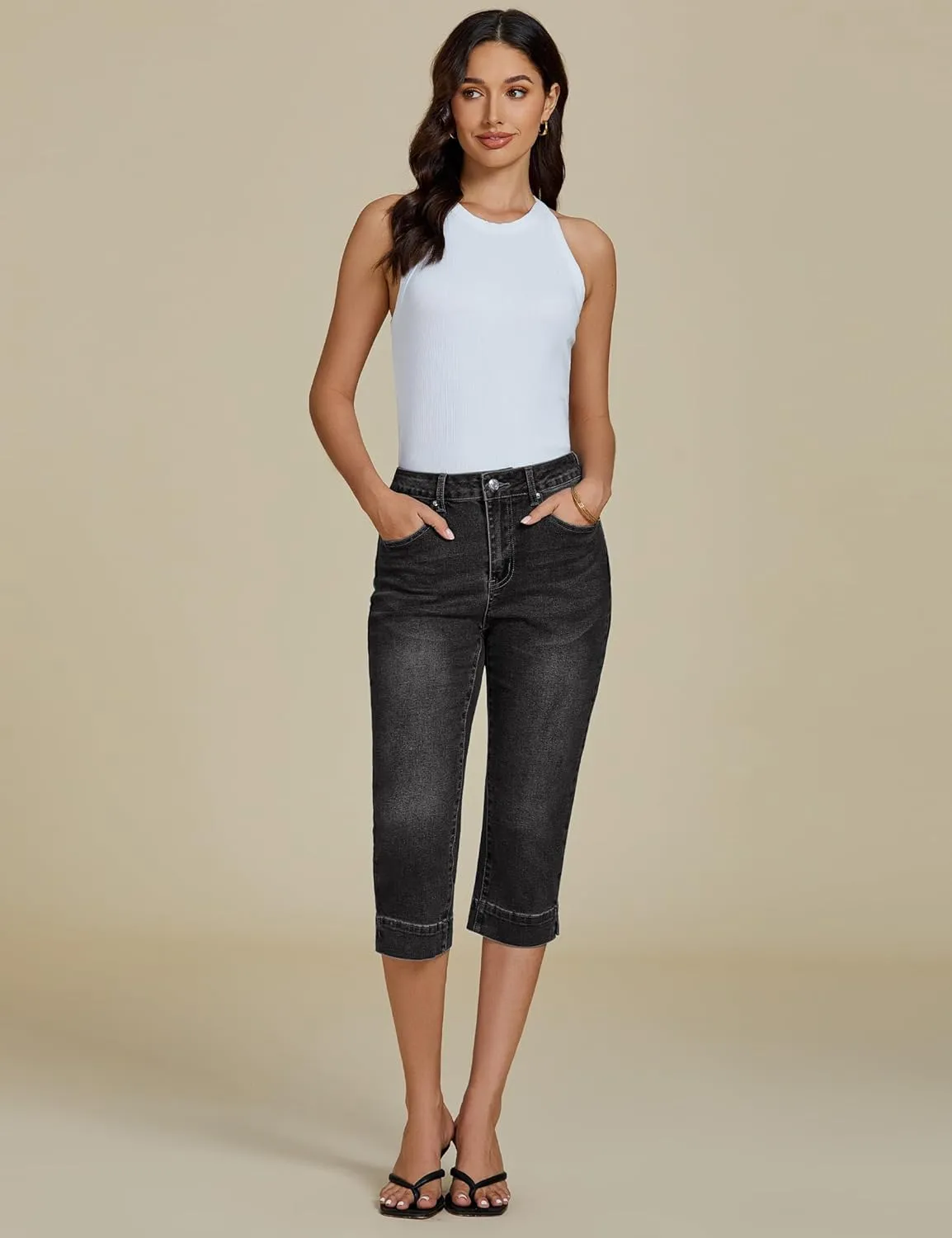 luvamia Capri Jeans for Women Trendy High Waisted Slim Split Hem Stretch Denim Jean Capris Cropped Pants Casual Summer
