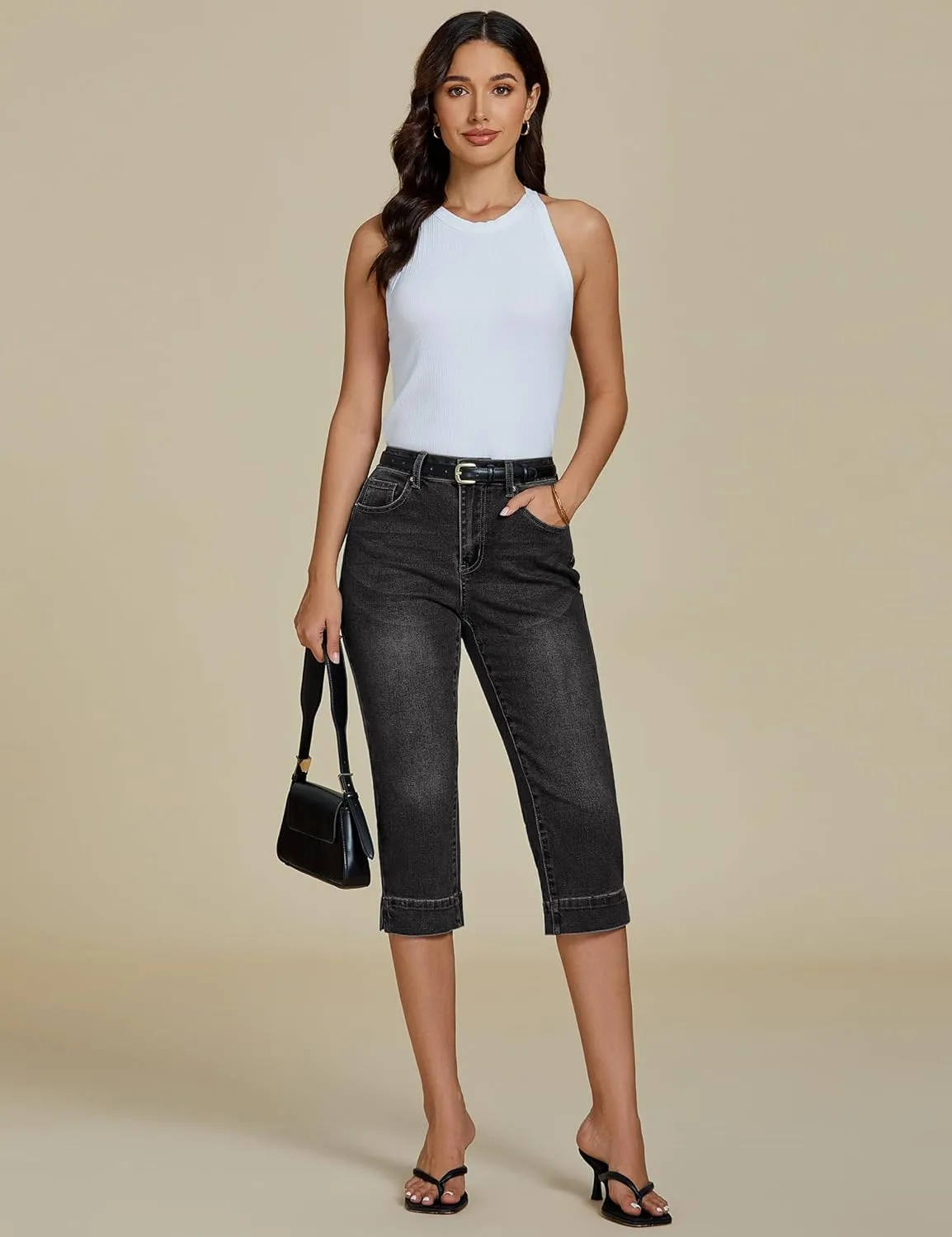 luvamia Capri Jeans for Women Trendy High Waisted Slim Split Hem Stretch Denim Jean Capris Cropped Pants Casual Summer