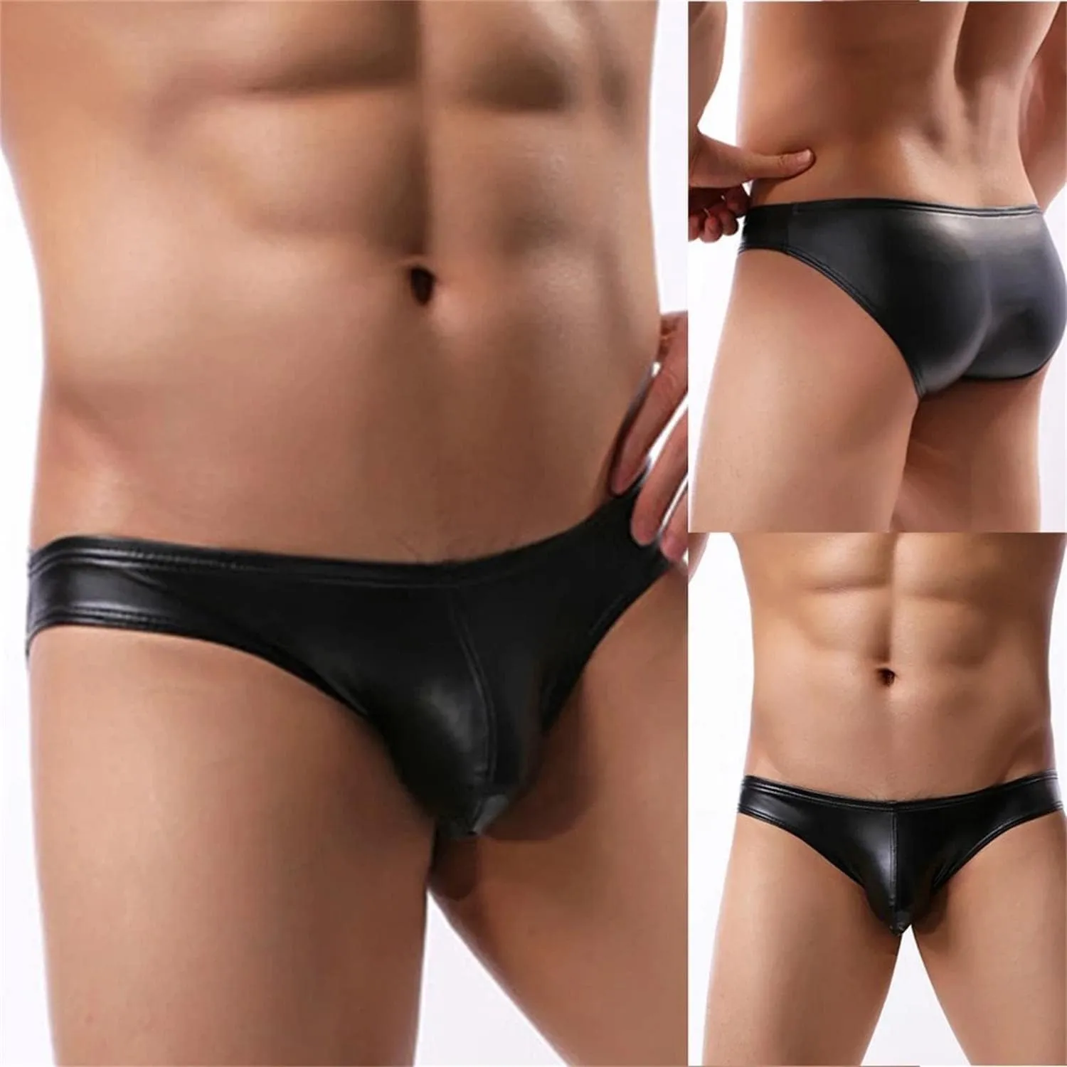 Men's Briefs Black PU Leather Panties Lingerie Latex Underpants Underwear