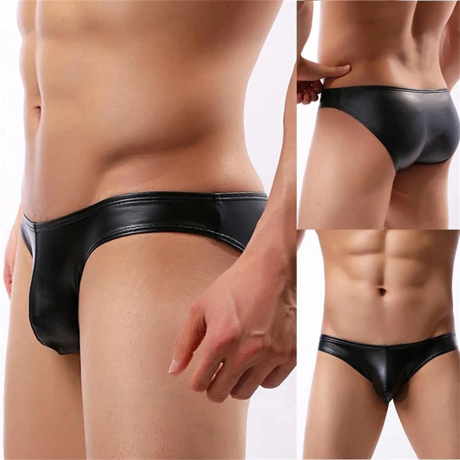 Men's Briefs Black PU Leather Panties Lingerie Latex Underpants Underwear