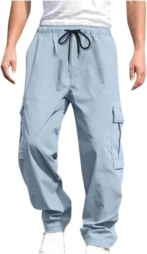 Mens Cargo Pants with Pockets Athletic Drawstring High Waist Workout Gym Pants Casual Slim Fit Straight Leg Trousers