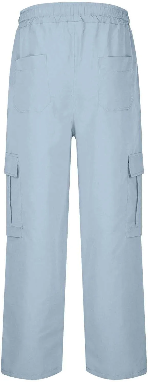 Mens Cargo Pants with Pockets Athletic Drawstring High Waist Workout Gym Pants Casual Slim Fit Straight Leg Trousers