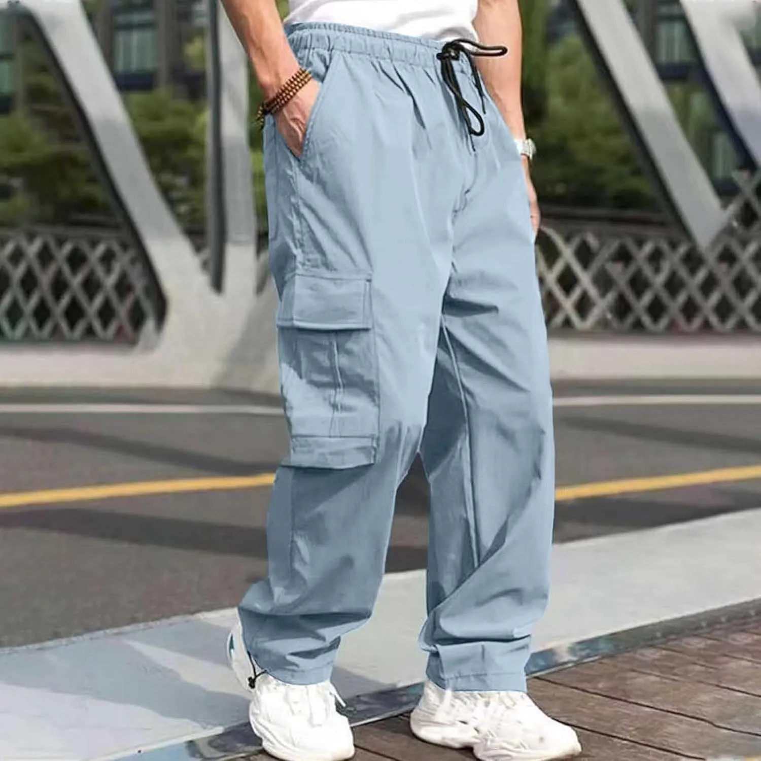 Mens Cargo Pants with Pockets Athletic Drawstring High Waist Workout Gym Pants Casual Slim Fit Straight Leg Trousers