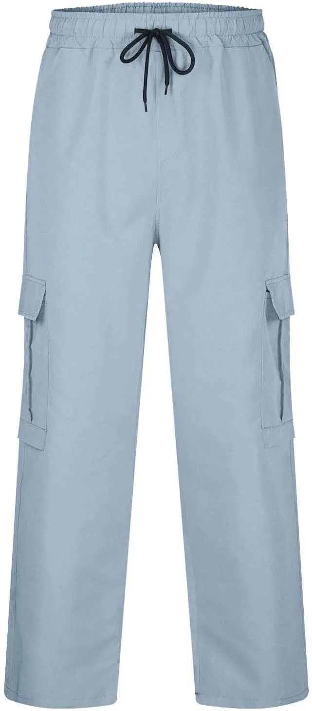 Mens Cargo Pants with Pockets Athletic Drawstring High Waist Workout Gym Pants Casual Slim Fit Straight Leg Trousers