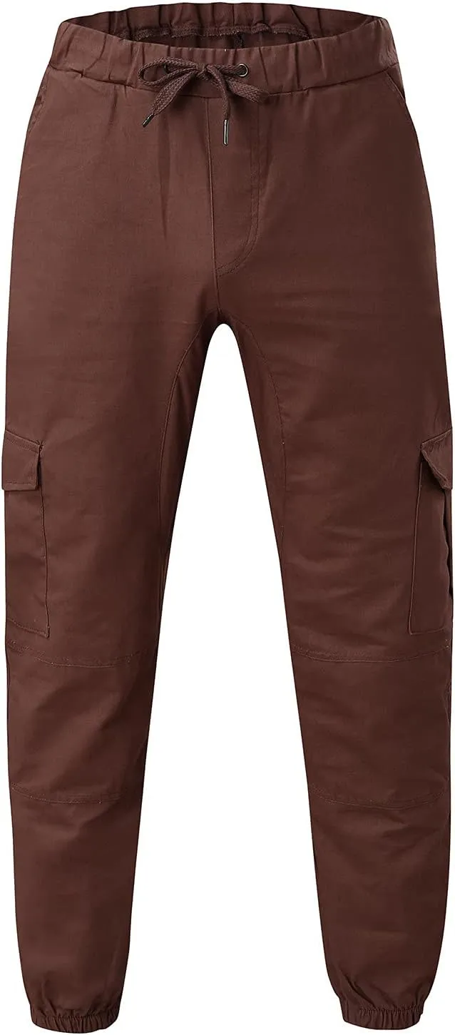 Mens Casual Cargo Pants Elastic Drawstring Trousers Cotton Workout Sweatpants Hiking Outdoor Joggers with Pockets