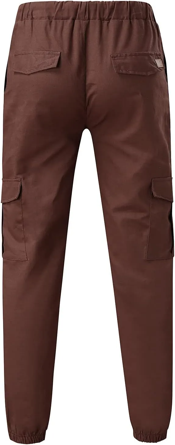 Mens Casual Cargo Pants Elastic Drawstring Trousers Cotton Workout Sweatpants Hiking Outdoor Joggers with Pockets