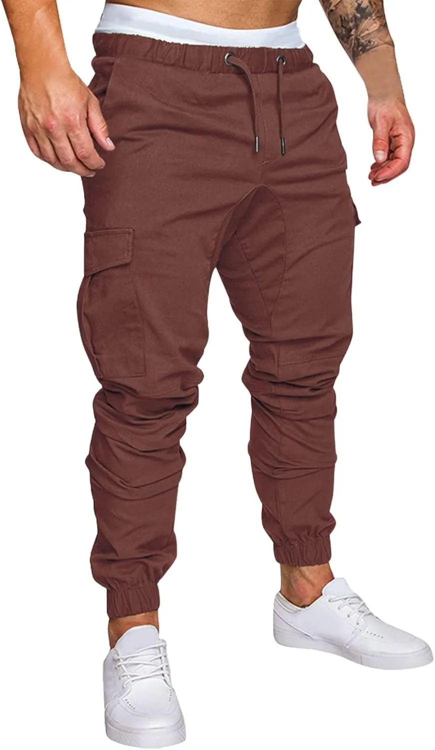 Mens Casual Cargo Pants Elastic Drawstring Trousers Cotton Workout Sweatpants Hiking Outdoor Joggers with Pockets